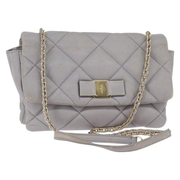 Salvatore Ferragamo Handbags - Salvatore Ferragamo Chain Vala Shoulder Bag Leather Gray Gold Auth 147515
